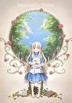  apron bad_id bad_pixiv_id barefoot blush book chair dress flower grey_hair hair_ribbon highres kagerou_project kozakura_marry long_hair maruyama-jp red_eyes ribbon rose sky smile solo souzou_forest_(vocaloid) tree 
