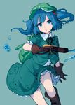  backpack bag blue_eyes blue_hair boots brown_gloves gloves hair_bobbles hair_ornament hat junwool kawashiro_nitori looking_at_viewer open_mouth shirt skirt solo touhou two_side_up water_gun 