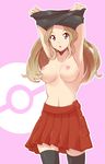  1girl areolae armpits arms_up black_legwear blue_eyes breasts brown_hair egooo erect_nipples female legs legwear long_hair looking_at_viewer midriff navel nintendo nipples no_bra open_mouth pixiv_manga_sample pokemon pokemon_(game) pokemon_xy serena_(pokemon) skirt solo thighhighs topless undressing 