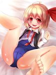  ahoge bad_id bad_pixiv_id barefoot blonde_hair fang feet hair_ribbon highres kapu_(tetete8901) long_sleeves lying on_back one-piece_swimsuit open_mouth red_eyes ribbon rumia school_swimsuit shirt short_hair smile solo spread_legs swimsuit swimsuit_under_clothes touhou vest 