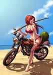  absurdres barefoot beach bikini blue_sky bokken breasts brown_eyes cleavage cloud day erza_scarlet fairy_tail food fruit full_body ground_vehicle hand_on_thigh high_ponytail highres kiazee large_breasts legs long_hair looking_away motor_vehicle motorcycle net ocean on_motorcycle outdoors over_shoulder parted_lips ponytail red_bikini red_hair sand shadow side-tie_bikini sky solo straddling strap_gap sweat swimsuit sword tattoo watermelon weapon weapon_over_shoulder wooden_sword 