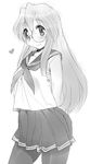  glasses greyscale katatsuka_kouji long_hair lucky_star monochrome pantyhose ryouou_school_uniform school_uniform serafuku takara_miyuki 