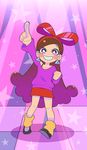  1girl blush_stickers bow braces brown_hair child earrings gravity_falls hair_bow hairband jewelry long_hair mabel_pines moyori off_shoulder pointing purple_eyes rainbow short_hair skirt sleeves_past_wrists smile socks solo standing star sweater 