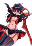  aderfabill areola_slip areolae bad_proportions blush breasts cleavage grin kill_la_kill large_breasts looking_at_viewer matoi_ryuuko multicolored_hair navel revealing_clothes scissor_blade senketsu shiny shiny_skin simple_background smile solo suspenders sword thighhighs two-tone_hair weapon white_background 