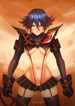  badcompzero black_hair blush breasts frown gloves highlights highres kill_la_kill long_sleeves matoi_ryuuko medium_breasts midriff multicolored_hair navel revealing_clothes senketsu short_hair signature skirt solo suspenders thighhighs two-tone_hair underboob weapon 