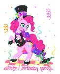  blue_eyes bow_tie clothing confetti cutie_mark duo english_text equine female feral friendship_is_magic fur green_eyes gummy_(mlp) hair hat horse long_hair male mammal my_little_pony open_mouth pink_fur pink_hair pinkie_pie_(mlp) pony purple_eyes reptile scalie shoes smile standing suite teeth text tongue top_hat yuzuko 