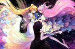  bead_bracelet beads bishoujo_senshi_sailor_moon blonde_hair blue_eyes boots bracelet crossover dress earrings frills full_body giantess hair_bun hair_ornament hairpin jewelry kaname_madoka long_hair magical_girl mahou_shoujo_madoka_magica multicolored multicolored_clothes multicolored_dress multiple_girls pink_footwear pink_hair planet princess_serenity ruriko_(yaoihyper) sparkle spoilers thighhighs trait_connection tsukino_usagi twintails two_side_up ultimate_madoka wings yellow_eyes 