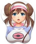  aqua_eyes bad_id bad_pixiv_id blush breast_mousepad breasts brown_hair double_bun large_breasts long_hair looking_at_viewer mei_(pokemon) mousepad open_mouth pokemon pokemon_(game) pokemon_bw2 segawa-a solo twintails visor_cap 