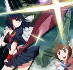  :&lt; :3 black_hair blue_eyes blue_sailor_collar brown_eyes brown_hair fingerless_gloves gloves glowing glowing_eye highlights kill_la_kill kiryuuin_satsuki mankanshoku_mako matoi_ryuuko midriff multicolored_hair multiple_girls navel sailor_collar school_uniform scissor_blade senketsu serafuku short_hair short_sleeves skirt sumemako suspenders weapon 