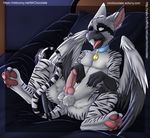  angelus anthro avian balls bed blue_eyes claws collar erection gryphon hindpaw knot lemur lemur_(character) looking_at_viewer lying male mammal mrchocolate nude one_eye_closed pawpads paws penis pillow presenting primate solo spread_legs spreading tongue tongue_out wings 