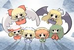  angel_wings apron bad_id bad_pixiv_id bat_wings blonde_hair bow chibi crossed_arms elly everyone gengetsu green_hair hair_bow hat kazami_yuuka kazami_yuuka_(pc-98) kurumi_(touhou) lotus_land_story mugetsu multiple_girls orange_(touhou) pants plaid plaid_pants plaid_vest red_bow ribbon saku_(osake_love) solid_circle_eyes sun_hat touhou touhou_(pc-98) vest wings 