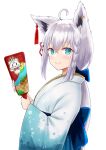  1girl absurdres ahoge animal_ear_piercing animal_ears back_bow blue_eyes blue_ribbon bow braid closed_mouth crossed_bangs earrings fox_ears fox_girl from_side gold_earrings grey_hair hagoita hair_between_eyes hair_ribbon highres holding holding_paddle hololive japanese_clothes jewelry kimono long_hair long_sleeves looking_at_viewer paddle ribbon shirakami_fubuki shirakami_fubuki_(new_year) side_braid sidelocks simple_background smile solo tassel tassel_earrings transparent_background upper_body urushinuri virtual_youtuber white_kimono wide_sleeves 