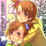  arumaji_(kiss_kill_lila) brown_eyes brown_hair futami_ami futami_mami idolmaster idolmaster_(classic) multiple_girls short_hair siblings side_ponytail sisters twins 