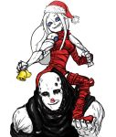  1boy 1girl android bell blame! blue_sclera christmas colored_sclera cyborg facial_mark hat holding holding_sack joints long_hair looking_at_viewer maeve_(blame!) mechanical_arms pale_skin robot_joints sack santa_hat shishitou_(tougarashikarai) silicon_creature_(blame!) simple_background single_mechanical_arm smile white_background 