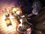 2girls ahoge ascot black_ascot black_cape black_skirt blonde_hair cape chandelier christine_daae cosplay erik_(phantom_of_the_opera) erik_(phantom_of_the_opera)_(cosplay) game_cg gloves holding_hands lantern long_sleeves multiple_girls official_art one_eye_covered otori_michiru outstretched_arms parted_lips phantom_of_the_opera pleated_skirt red_eyes short_hair shoujo_kageki_revue_starlight shoujo_kageki_revue_starlight_-re_live- skirt solo_focus standing upper_body white_gloves 