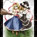  alice_margatroid blonde_hair broom capelet hairband hat highres kirisame_marisa long_hair multiple_girls short_hair takatoiyori touhou witch_hat 