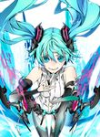  aqua_eyes aqua_hair aqua_nails bridal_gauntlets elbow_gloves fingerless_gloves gloves hatsune_miku hatsune_miku_(append) long_hair miwa_shirou nail_polish navel necktie smile solo twintails very_long_hair vocaloid vocaloid_append 