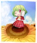  :&lt; arm_up ascot chibi cloud day flower green_hair hanasaki_mahiru kazami_yuuka minigirl on_flower one_eye_closed open_mouth plaid plaid_skirt plaid_vest red_eyes skirt skirt_set sky solo sunflower touhou vest 