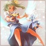  ascot barefoot blue_hair cirno daiyousei giantess green_eyes green_hair hands minigirl multiple_girls panties sachito side_ponytail striped striped_panties touhou underwear wings 