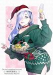  1girl alcohol breasts champagne choker christmas cup drinking_glass fate/grand_order fate_(series) hair_over_one_eye hat large_breasts long_hair mrs._snake_(fate) nekomata_naomi santa_hat simple_background sweater ugly_sweater white_background wine_glass 