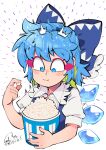  1girl :t blue_bow blue_eyes blue_hair blue_vest blush bow carte cirno closed_mouth commentary_request eating eyeshadow food hair_bow highres ice ice_wings looking_down makeup popcorn puffy_short_sleeves puffy_sleeves red_eyeshadow shirt short_hair short_sleeves signature smile solo touhou upper_body vest white_background white_shirt wings 