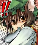  1girl :3 animal_ears brown_eyes brown_hair cat_ears chen earrings face fish hat jewelry looking_back mouth_hold onemu serious short_hair solo speed_lines touhou 