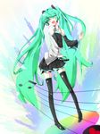  asao_(flavor_of_morning) detached_sleeves green_eyes green_hair hand_on_own_chest hatsune_miku highres legs long_hair necktie open_mouth skirt solo thighhighs twintails very_long_hair vocaloid 