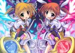  blonde_hair brown_hair fingerless_gloves foreshortening gloves hair_ribbon heterochromia highres lyrical_nanoha magical_girl mahou_shoujo_lyrical_nanoha mahou_shoujo_lyrical_nanoha_strikers mahou_shoujo_lyrical_nanoha_the_movie_1st multiple_girls purple_eyes raising_heart ribbon staff takamachi_nanoha time_paradox tooculi twintails vivio wings 