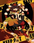  bad_id bad_pixiv_id black_hair black_wings caution_tape fan geta grin hat hauchiwa highres keep_out looking_at_viewer scarf shameimaru_aya short_hair skirt smile solo tengu-geta touhou wings yaza 