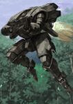  camouflage energy_gun flying forest gun highres holding holding_gun holding_weapon mecha nature no_humans original outdoors plasma_rifle robot tyokugekidato weapon woodland_camouflage 