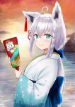  1girl absurdres ahoge alternate_color animal_ear_piercing animal_ears back_bow blue_eyes blue_ribbon bow braid closed_mouth crossed_bangs earrings fox_ears fox_girl from_side gold_earrings grey_hair hagoita hair_between_eyes hair_ribbon highres holding holding_paddle hololive japanese_clothes jewelry kimono long_hair long_sleeves looking_at_viewer magikarp ocean outdoors paddle ribbon shiny_pokemon shirakami_fubuki shirakami_fubuki_(new_year) side_braid sidelocks smile solo sun sunset tassel tassel_earrings upper_body urushinuri virtual_youtuber white_kimono wide_sleeves 