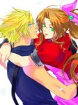  1girl aerith_gainsborough bad_id bad_pixiv_id blonde_hair blue_eyes bow brown_hair cloud_strife dress eni_(yoyogieni) final_fantasy final_fantasy_vii green_eyes long_hair pink_bow pink_dress ponytail ribbon 