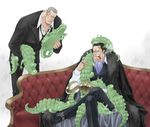  black_hair cigar cocotri couch crocodile crocodilian daz_bones formal highres hook_hand male_focus multiple_boys object_namesake one_piece scar sir_crocodile sitting smoking suit 