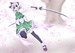  bad_id bad_pixiv_id black_legwear blue_eyes cherry_blossoms dual_wielding furomaaju_(fromage) hairband holding katana konpaku_youmu mary_janes petals shoes short_hair silver_hair solo sword thighhighs touhou tree weapon wrist_cuffs zettai_ryouiki 