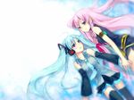  aobara detached_sleeves hatsune_miku headset holding_hands long_hair megurine_luka multiple_girls skirt thighhighs very_long_hair vocaloid zettai_ryouiki 