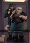 2023 anna_mercury anthro belly belt big_breasts boots bottomwear breasts canid canine canis clip_studio_paint_(artwork) clothing denim denim_bottomwear denim_clothing digital_media_(artwork) dobermann domestic_cat domestic_dog duo eyes_closed felid feline felis female fingers footwear fur grey_body grey_fur grey_hair hair hi_res jacket jeans male male/female mammal obese obese_anthro obese_female overweight overweight_anthro overweight_female pants pinscher rex_tomson shaded shirt shoes silverfang725 standing thick_thighs tight_clothing topwear