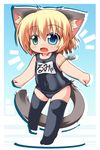  animal_ears armband bad_id bad_pixiv_id blonde_hair cat_ears cat_tail chibi fang heterochromia kuroneko_liger name_tag one-piece_swimsuit original school_swimsuit short_hair solo swimsuit tail thighhighs 