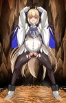  1girl absurdres aesc_(fate) aesc_(savior)_(fate) ahoge armor bar_censor black_gloves black_pantyhose blonde_hair bow breastplate censored chain chained commentary_request commission commissioner_upload dress fate/grand_order fate_(series) giving_birth gloves hay high_heels highres lactation large_variant_set long_hair non-web_source open_mouth pantyhose pregnant pussy_juice restrained rope skeb_commission solo stained_clothes textless_version torn torn_clothes torn_pantyhose variant_set white_dress yagami_(mukage) 