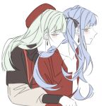  2girls bang_dream! bang_dream!_it's_mygo!!!!! black_capelet blue_hair blush capelet closed_eyes collared_shirt commentary daydreamer023 earrings green_hair hashtag-only_commentary hat highres jewelry kiss kissing_neck long_hair mortis_(bang_dream!) mortis_(costume)_(bang_dream!) multiple_girls oblivionis_(bang_dream!) open_clothes open_shirt parted_lips red_hat red_shirt shirt simple_background togawa_sakiko two_side_up wakaba_mutsumi white_background yellow_eyes yuri 