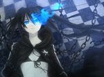  bad_id bad_pixiv_id bikini_top black_hair black_rock_shooter black_rock_shooter_(character) blue_eyes burning_eye chain chito04 glowing glowing_eyes long_hair midriff pale_skin scar solo twintails 