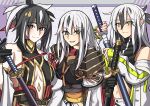  3girls :3 @_@ armor artist_name bare_shoulders black_cloak black_gloves black_hair caravthir cleavage_cutout cloak closed_mouth clothing_cutout english_commentary fate/grand_order fate_(series) gloves green_eyes green_jacket hair_between_eyes hair_ornament highres holding holding_weapon jacket japanese_armor katana light_blush long_hair long_hair_between_eyes long_sleeves looking_at_viewer midriff multicolored_hair multicolored_jacket multiple_girls nagao_kagetora_(fate) navel open_mouth orange_ribbon pants ribbon shoulder_armor simple_background smile sword uesugi_kenshin_(first_ascension)_(fate) uesugi_kenshin_(second_ascension)_(fate) uesugi_kenshin_(third_ascension)_(fate) weapon white_hair white_jacket white_pants 