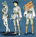  2girls ayanami_rei black_hair blue_hair boots braid brown_hair cosplay crossover energy_sword from_behind hand_on_own_chest ikari_shinji lightsaber multiple_girls neon_genesis_evangelion niko_(silent.whitesnow) parody shikinami_asuka_langley short_hair souryuu_asuka_langley standing star_wars sword weapon 