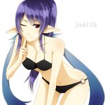  bikini black_bikini breasts character_name english judith large_breasts long_hair lowres midriff navel o-ring o-ring_bottom one_eye_closed ouhina pointy_ears purple_hair red_eyes smile solo swimsuit tales_of_(series) tales_of_vesperia text_focus white_background 