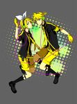  1girl aqua_eyes blonde_hair brother_and_sister edx gloves hair_ornament hair_ribbon hairclip headphones huacai kagamine_len kagamine_rin koi_wa_sensou_(vocaloid) necktie ribbon short_hair shorts siblings twins vocaloid yellow yellow_neckwear 