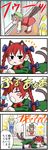  4koma :&gt; :&lt; angry animal_ears blush_stickers braid cat_ears cat_tail chen chibi closed_eyes comic fox_tail highres kaenbyou_rin multiple_girls multiple_tails staring tail touhou translated truth usumy window yakumo_ran 