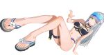  1girl arm_behind_back bikini black_bikini black_choker blush breasts choker cross cross-laced_bikini cross-laced_clothes earrings eyewear_on_head from_below full_body girls'_frontline girls'_frontline_2:_exilium green_eyes grin hand_up highres hk416_(girls'_frontline) holster iron_cross jewelry klukai_(cerulean_breaker)_(girls'_frontline_2) klukai_(girls'_frontline_2) knees_up long_hair looking_at_viewer looking_down medium_breasts navel plunplun ponytail sandals sitting smile solo sunglasses swimsuit thigh_holster thigh_strap three-finger_salute very_long_hair visor_cap white_hair 