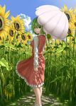  cloud day field flower flower_field from_behind green_hair kazami_yuuka looking_back md5_mismatch plaid plaid_skirt plaid_vest red_eyes shade short_hair skirt skirt_set smile socks solo sunflower touhou umbrella vest wasabichan 