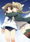  :d ^_^ ahoge animal_ears arms_around_neck bangs blonde_hair blue_sky blush braid breasts brown_eyes brown_hair cat_ears closed_eyes cloud day dog_ears floating_hair green_legwear happy hug jacket large_breasts leaning long_hair long_sleeves looking_at_viewer lynette_bishop miyafuji_yoshika multiple_girls necktie no_pants open_clothes open_jacket open_mouth outdoors panties red_legwear school_swimsuit school_uniform serafuku shikage_nagi shirt short_hair single_braid sky small_breasts smile standing strike_witches striped striped_legwear sweater swimsuit swimsuit_under_clothes thigh_gap thighhighs underwear white_panties world_witches_series 