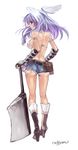  animal_ears armband ass axe back bare_shoulders breasts bunny_ears cutoffs fingerless_gloves from_behind full_body gloves head_wings high_heels highres large_breasts looking_back okishiji_en purple_eyes purple_hair ragnarok_online shoes short_shorts shorts sideboob signature simple_background slender_waist solo standing weapon whitesmith 