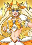  animal_ears blonde_hair blue_eyes blush bow buntaichou choker cosplay cure_sunshine cure_sunshine_(cosplay) fang fox_ears fox_tail heartcatch_precure! long_hair magical_girl orange_(color) orange_bow orange_choker orange_skirt precure skirt solo tail touhou twintails yakumo_ran yellow_background yellow_bow 